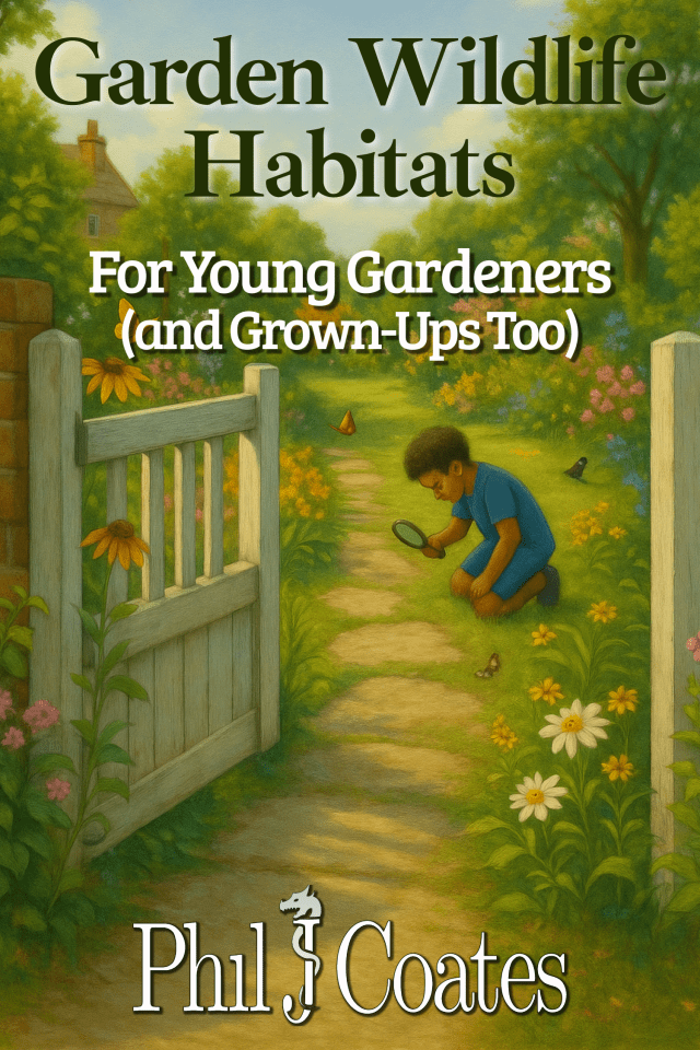 Book Cover of Garden Wildlife Habitats by Phil J Coates with the tagline For Young Gardeners (and Grown-Ups Too)